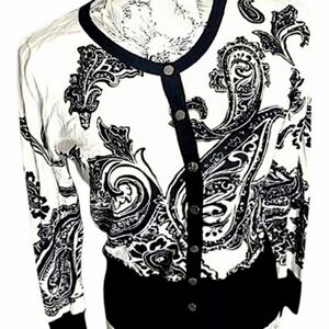 WHBM White Black Paisley Print Snap Front Cardigan Sz. M